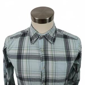Wrangler Mens Cotton LS Button Down Gray Pale Blue Plaid Casual Dress Shirt S